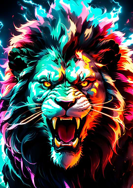 lion neon light art poster