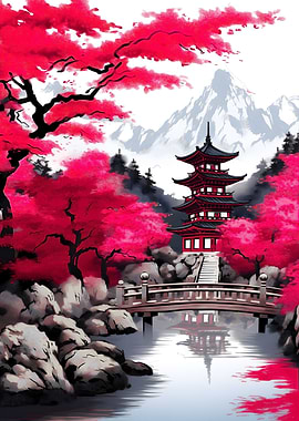 Japanese Temples Ink Wash