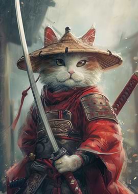 Cute Cartoon Cat Samurai