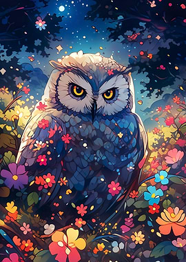 owl among flowers at night