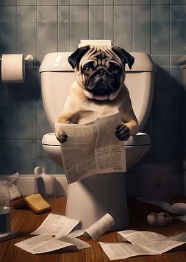 Pug Dog on the Toilet
