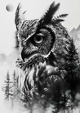 Owl Double Exposure Trees