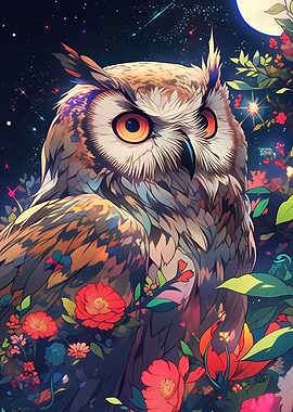 owl among flowers at night