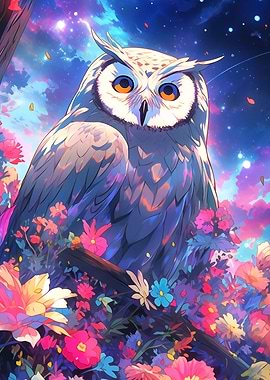 owl among flowers at night