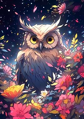 owl among flowers at night