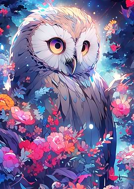 owl among flowers at night