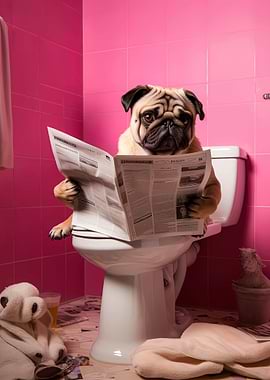 Pug Dog on the Toilet