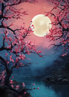 cherry blossom and moon