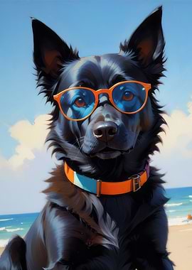 Black dog oil painting