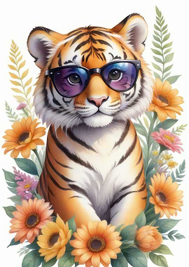 Watercolor floral tiger