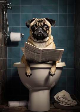 pug dog on the toilet