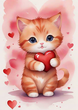 Cute red cat with heart