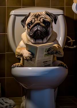 pug dog on the toilet