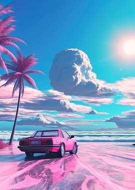 Vaporwave Beach Car