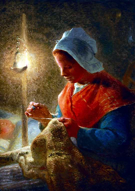 Woman Sewing by Lamplight