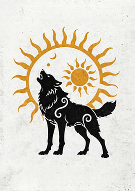 Howling wolf at the sun