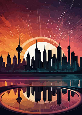 Night city floating water