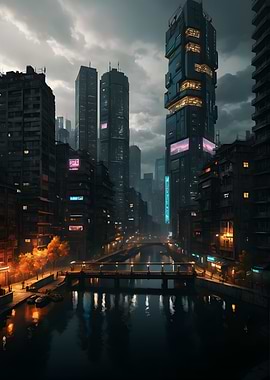 Cyberpunk city evening