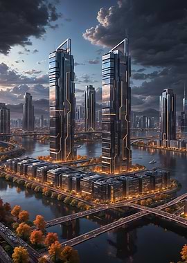 Cyberpunk city riverside 2