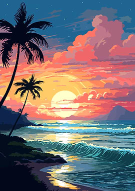 Hawaii Sunset Waves Pixel