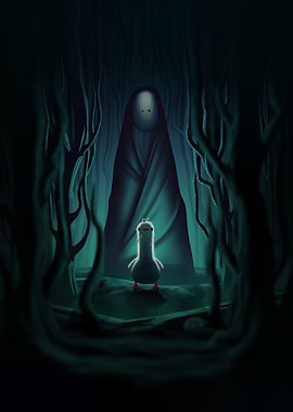 Baby duck in a dark forest