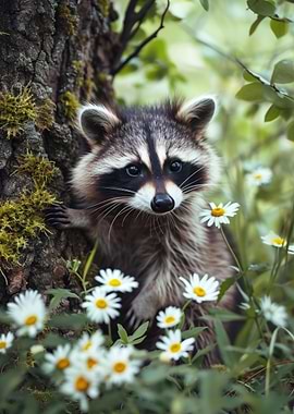 Cute Raccoon Picks Flowers