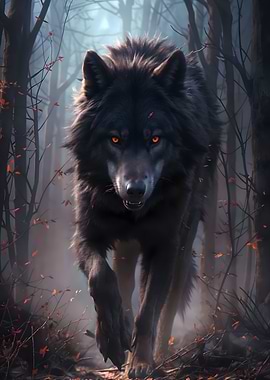 black wolf in the woods