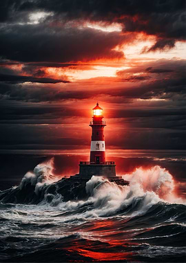 Lighthouse under red sky