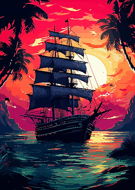 Pixel Art Lone Ship Sunset