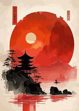 Asian Red Sunset Landscape
