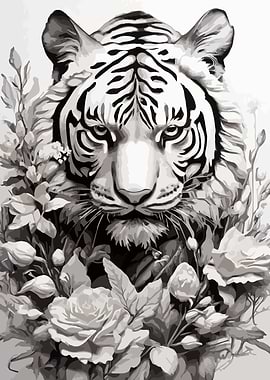 White Tiger with Flowers