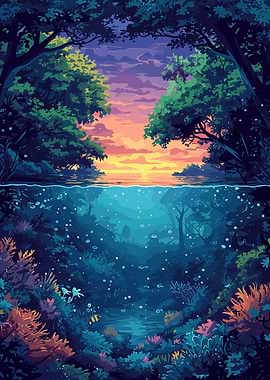 Anime Forest River Sunrise