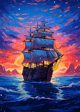 Pixel Art Ship Sunset