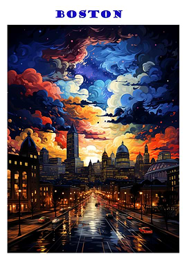 Neon Boston City at Night