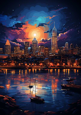 Neon Boston City at Night