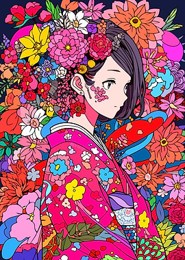 Anime Kimono Girl Flower