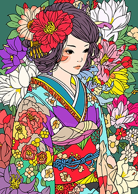 Zen Kimono Flower Girl Art