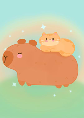 Funny capybara with cat