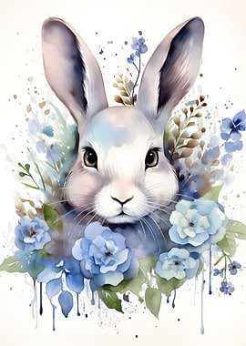 Rabbit with Blue Flowers