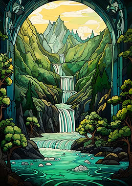 Surreal sunset waterfall