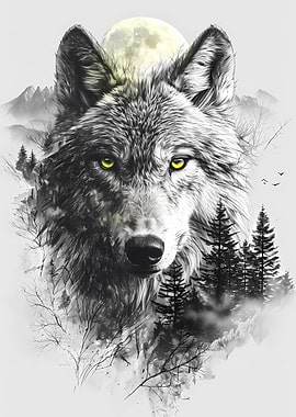 Wolf Double Exposure Moon