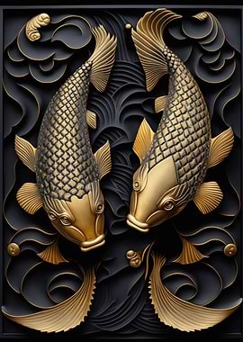 Koi Fish Gold Relief Deco