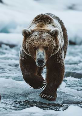 Bear Walking On Icy River