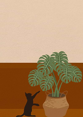 Cat playing with plants