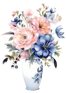 Pink and Blue Floral Vase
