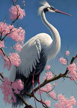 Crane Sakura Flowers Japan