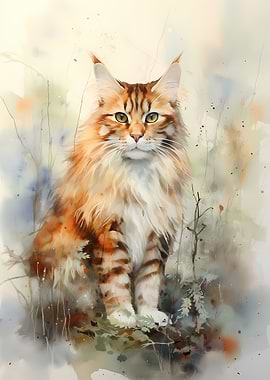 Maine Coon Watercolor Cat