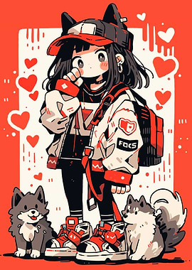 Kawaii Girl with Dogs