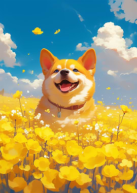 Happy Corgi Dog in Flower