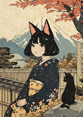 Nekomusume Woodblock Print